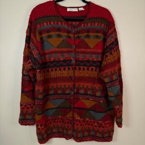 Jennifer Reed Women's 18 20W Red Geometric Pattern Cardigan Sweater